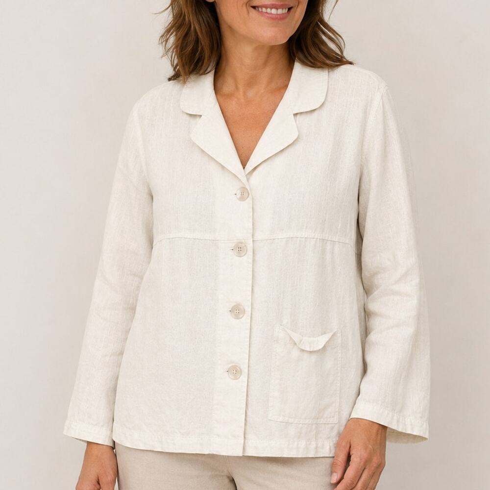 Freeport Studio Women size MP Linen Blazer Jacket White Boxy Coastal Vintage